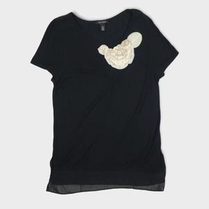 White House Black Market Blouse Floral Scoop Short Sleeve Black White Medium